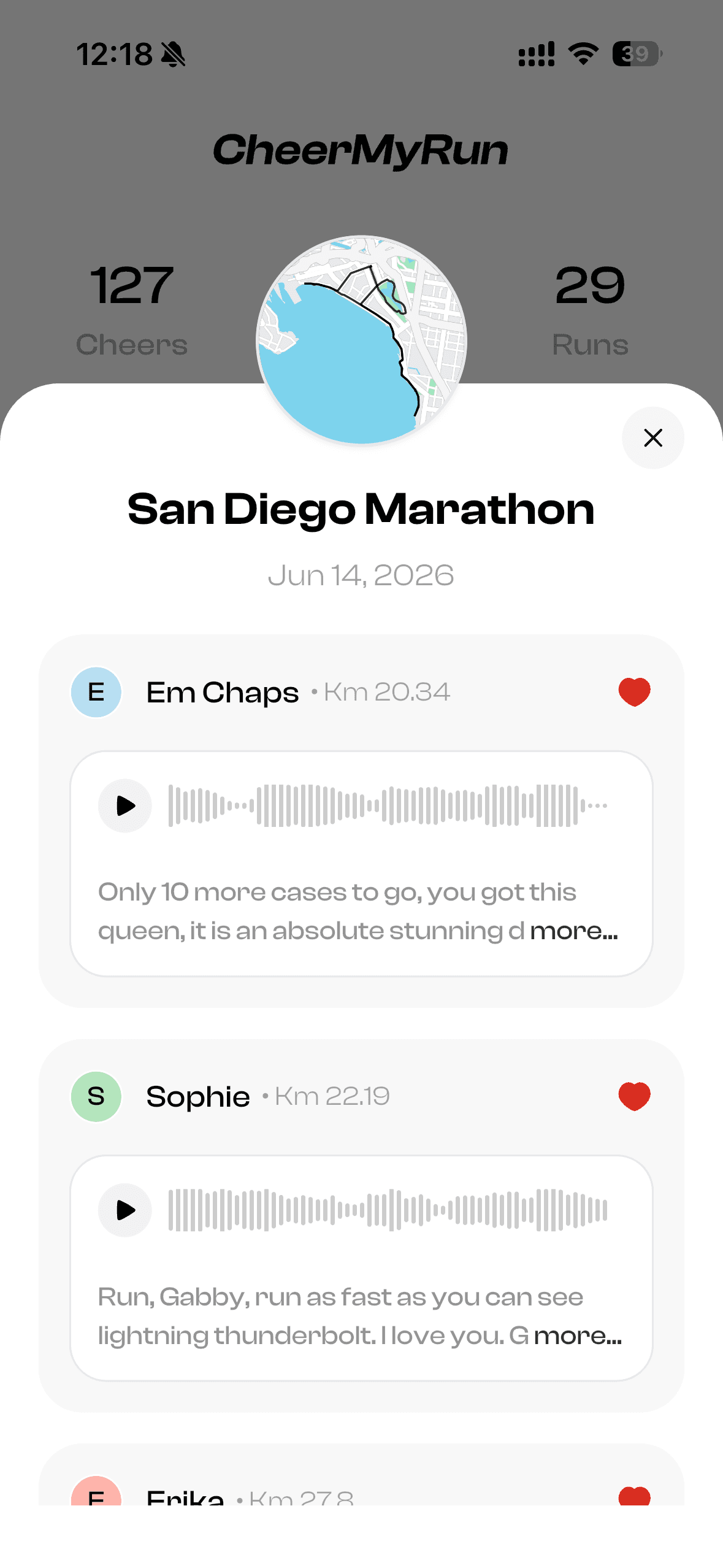 CheerMyRun cheers received screen