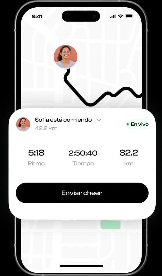 Vista de seguimiento en vivo de CheerMyRun; la ruta ilustrada no es el recorrido de esta carrera