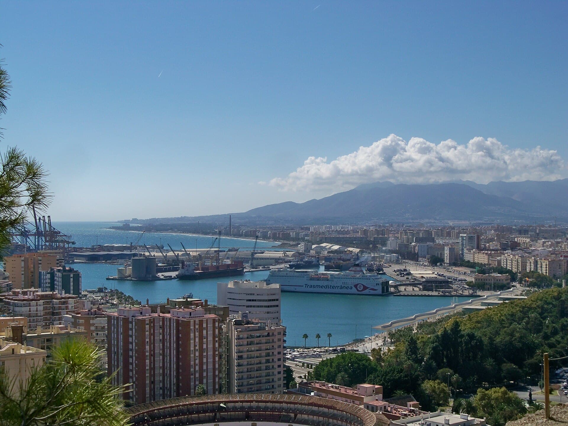 Malaga waterfront and port seen from Mount Gibralfaro