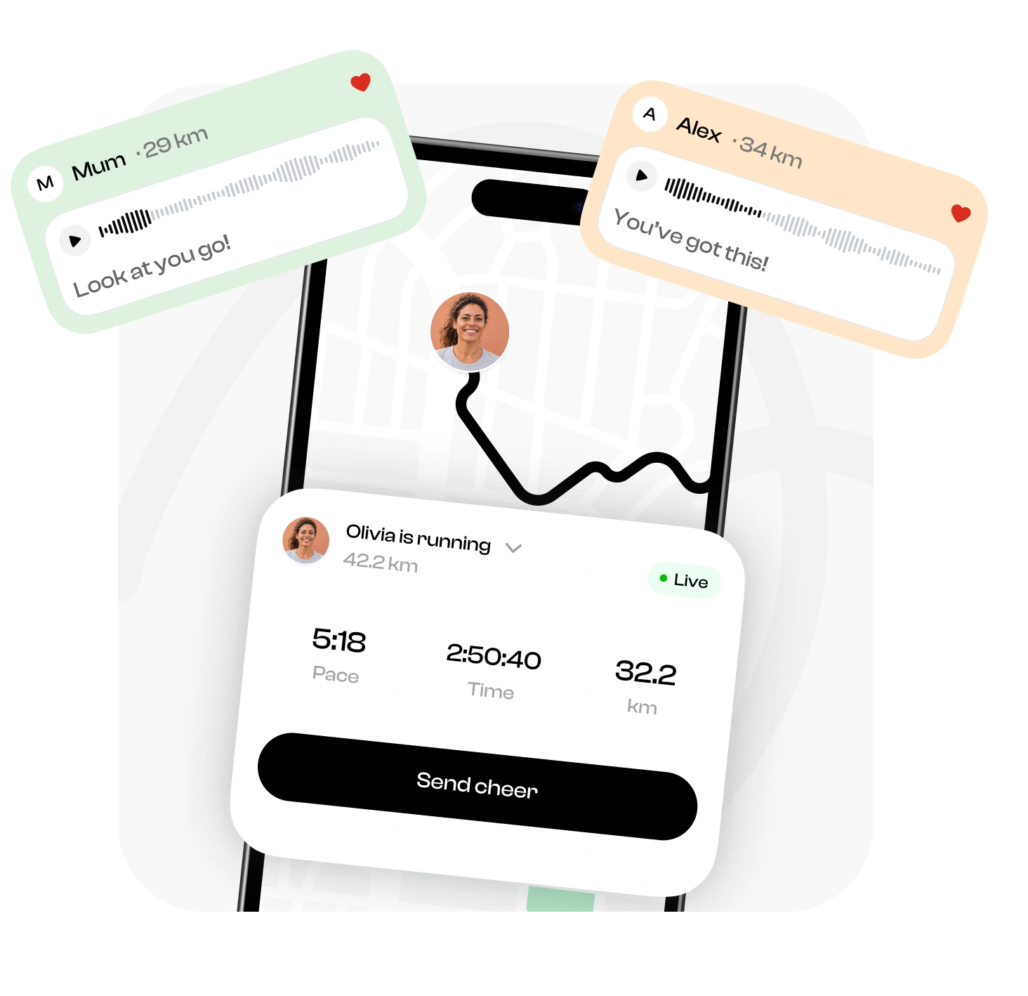 Cheer My Run app showing voice cheers received during a run