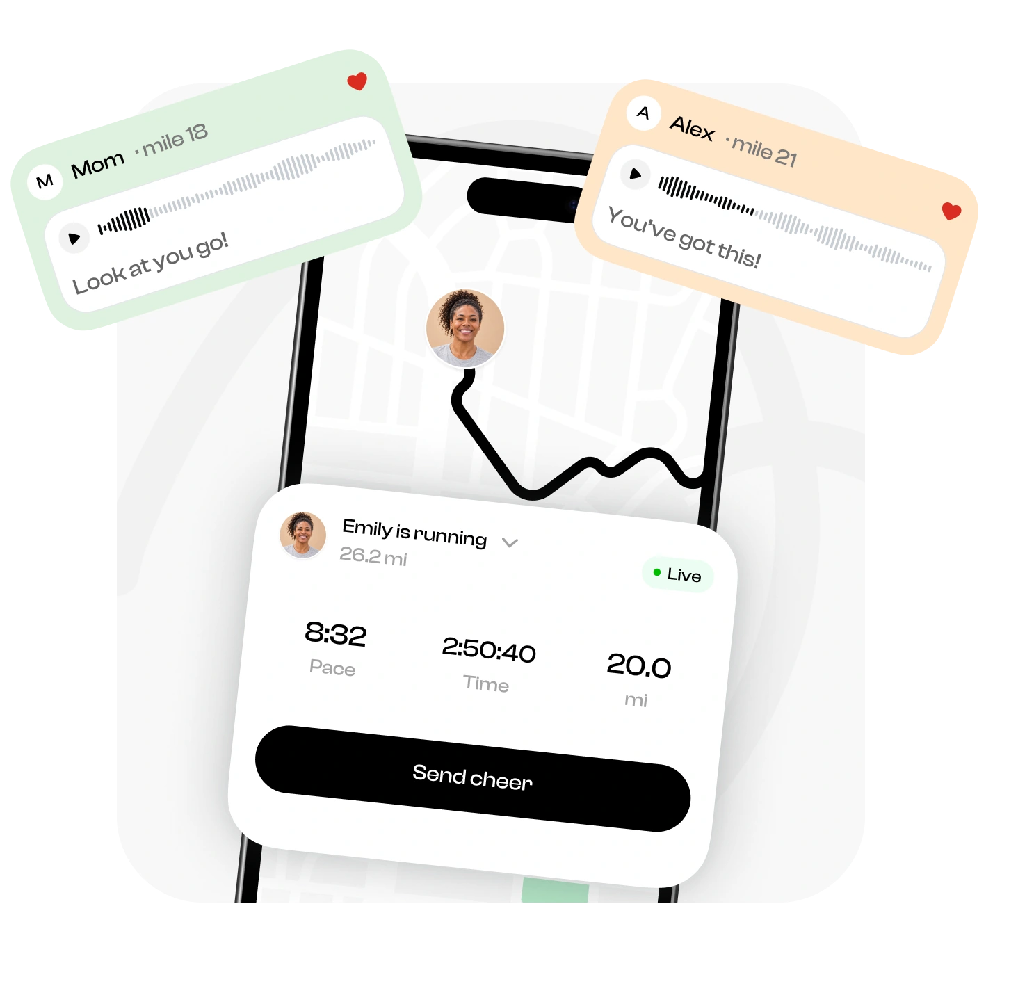 Cheer My Run app showing voice cheers received during a run